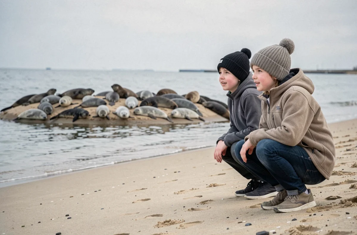 Enfants observant les phoques gris sur les bancs de sable à Berck-sur-Mer dans le Pas-de-Calais