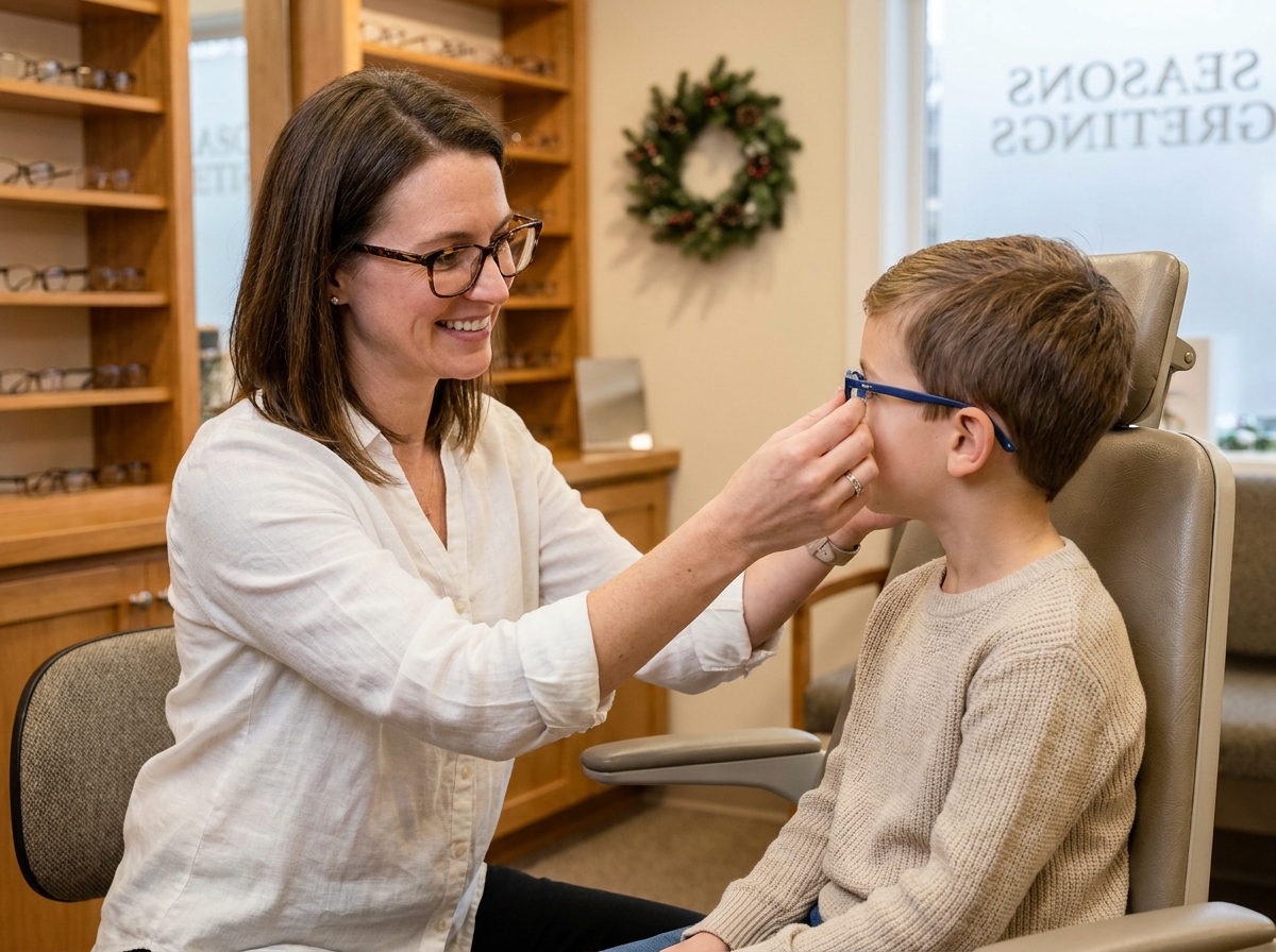 Opticienne ajustant des lunettes à un enfant dans une boutique décorée pour Noël en Gironde