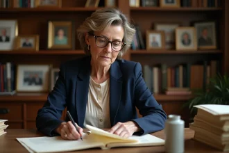 Femme d'origine mixte européenne et nord-africaine consultant des documents familiaux anciens dans un bureau chaleureux, évoquant la recherche des origines familiales d'Aurore Malval