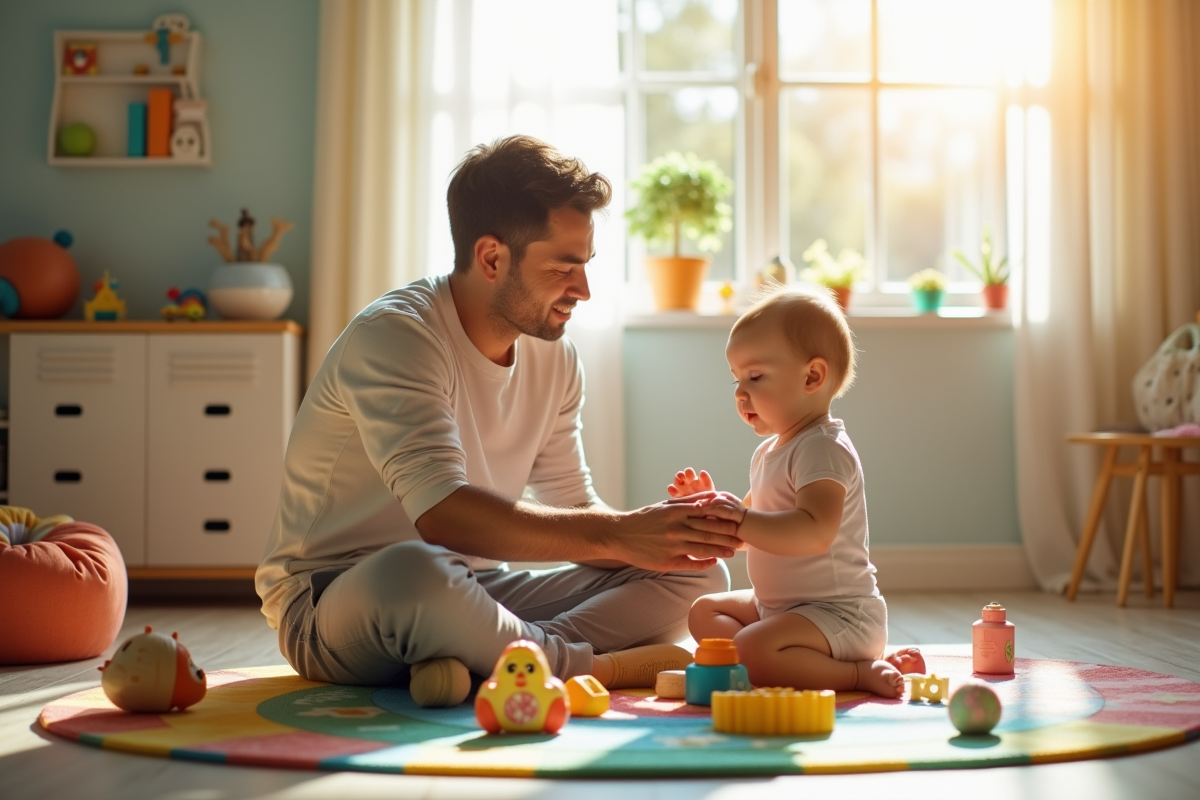 Papa jouant avec son bébé sur un tapis coloré dans une nurserie ensoleillée