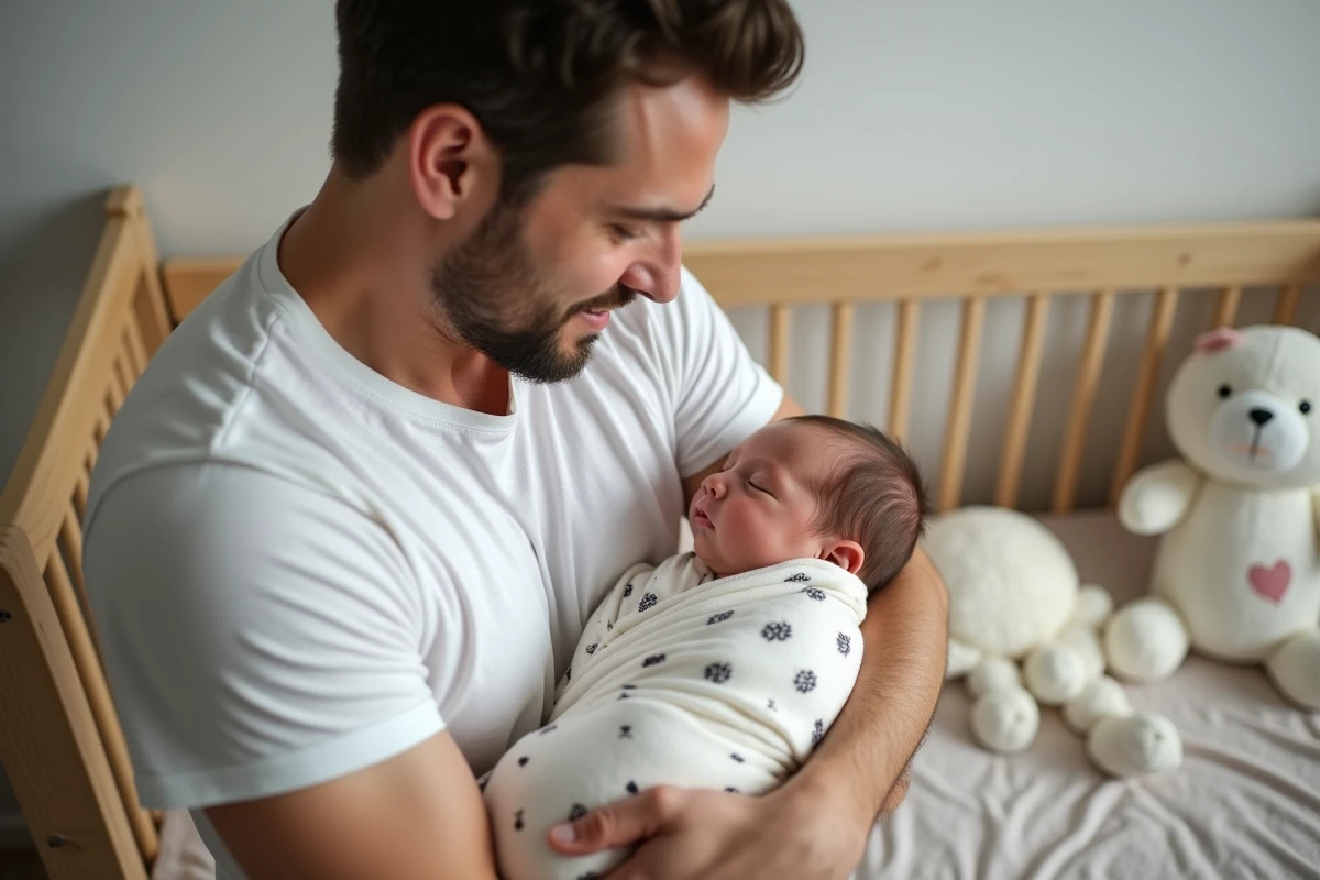 Père tenant son bébé dans un berceau à la maison