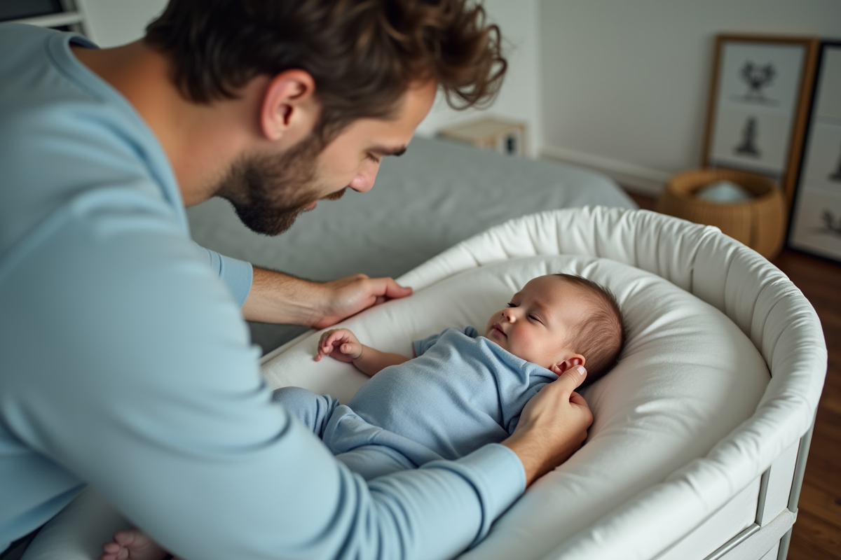 Père posant doucement son bébé dans un lit bébé moderne