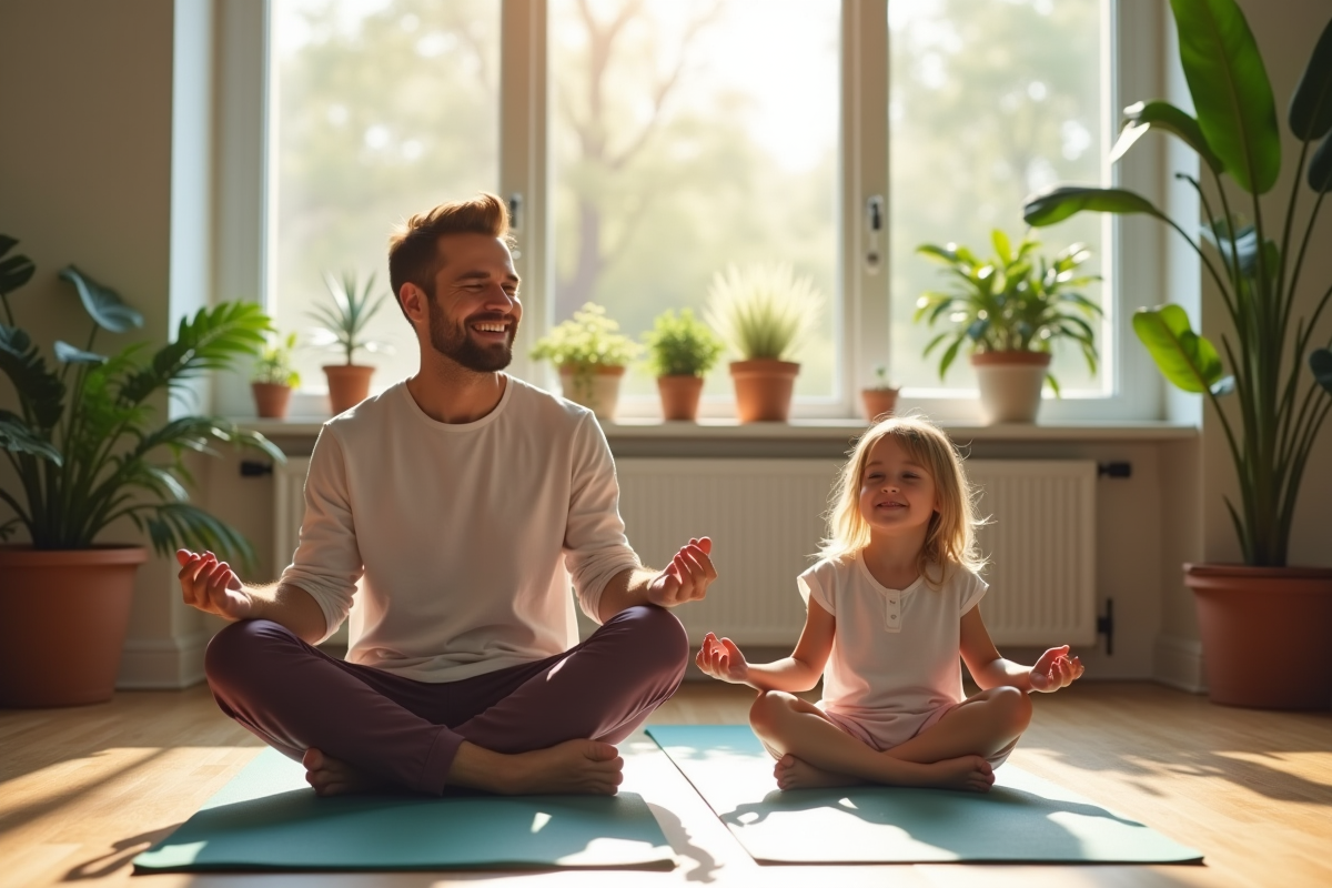 Père et fille méditant sur des tapis dans un intérieur vert