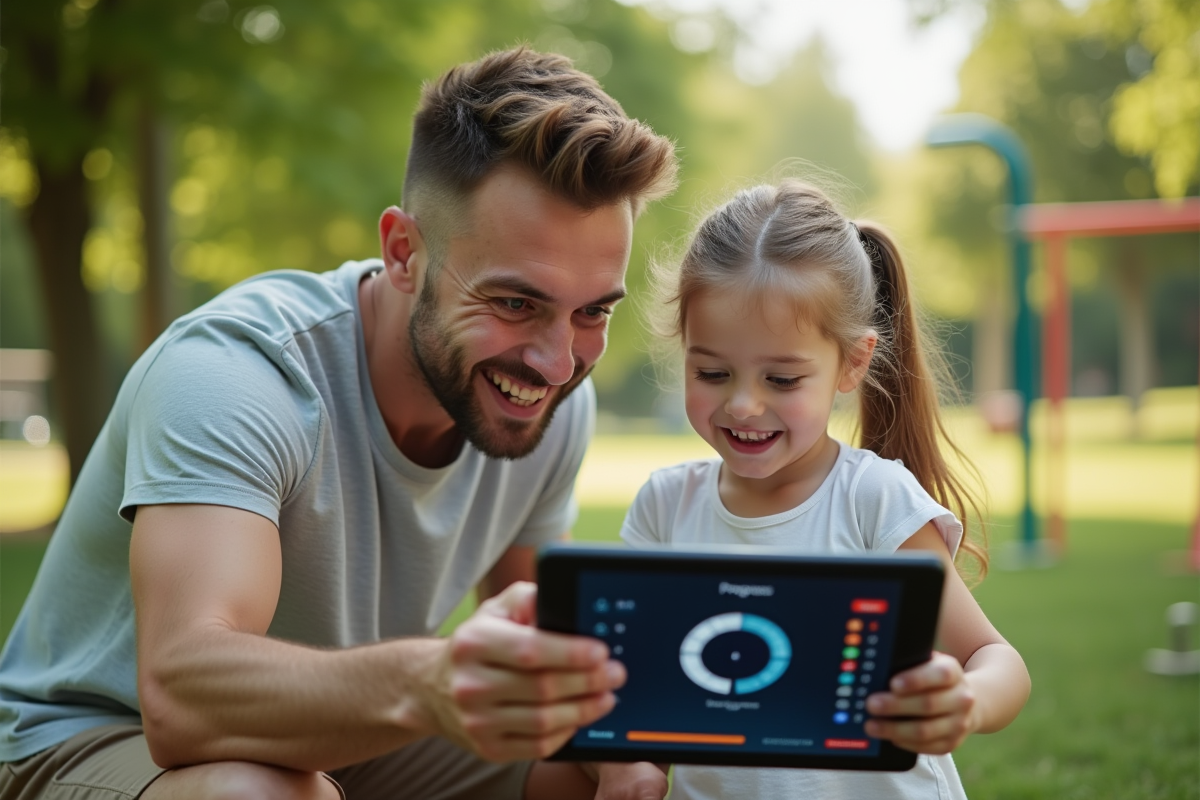Père et fille utilisant une tablette dans un parc avec des équipements sportifs