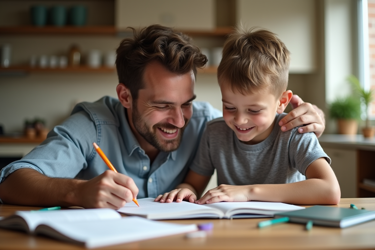 Père et fils travaillent ensemble à la maison dans une ambiance chaleureuse
