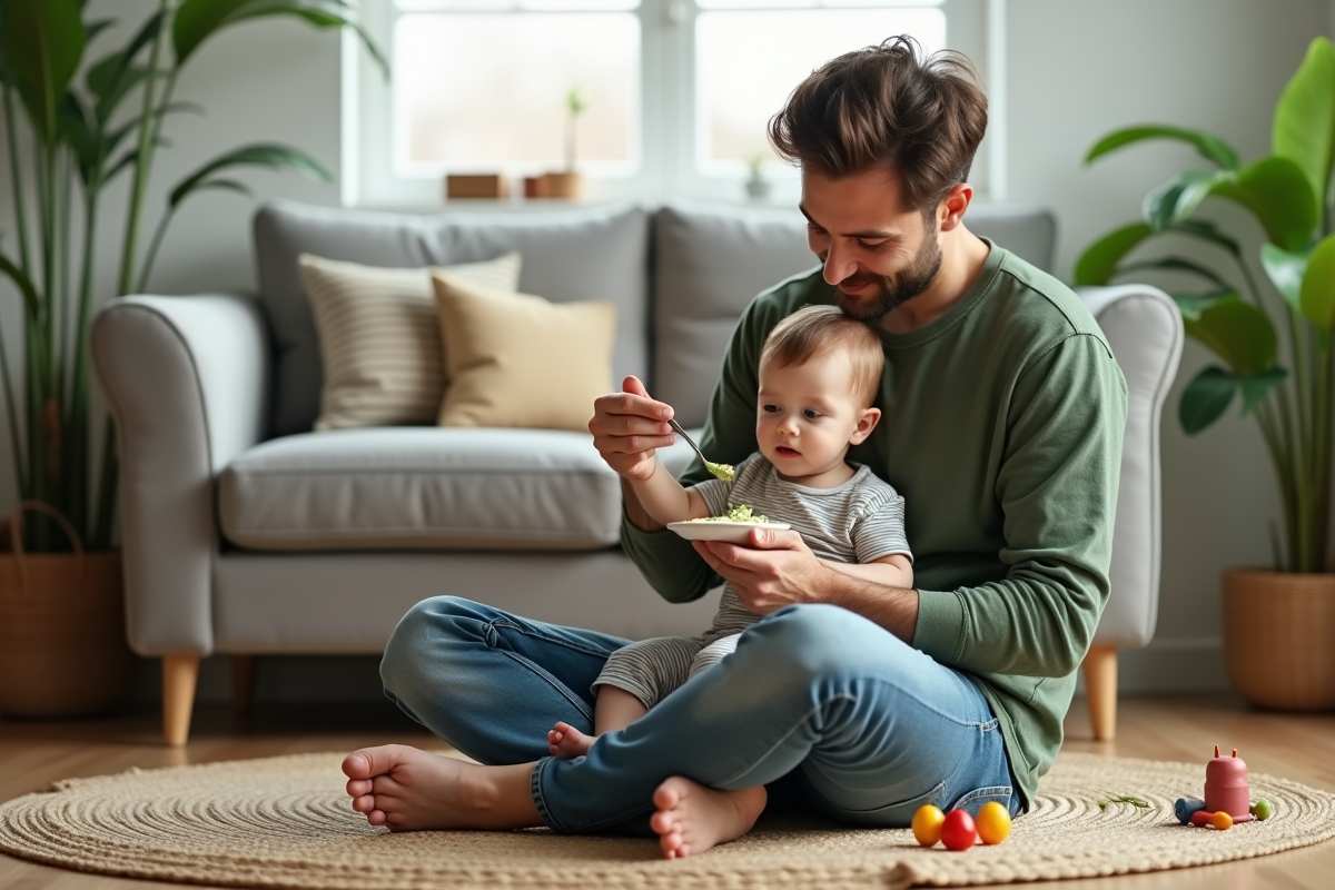 Papa offre une cuillère de purée à son bébé dans le salon