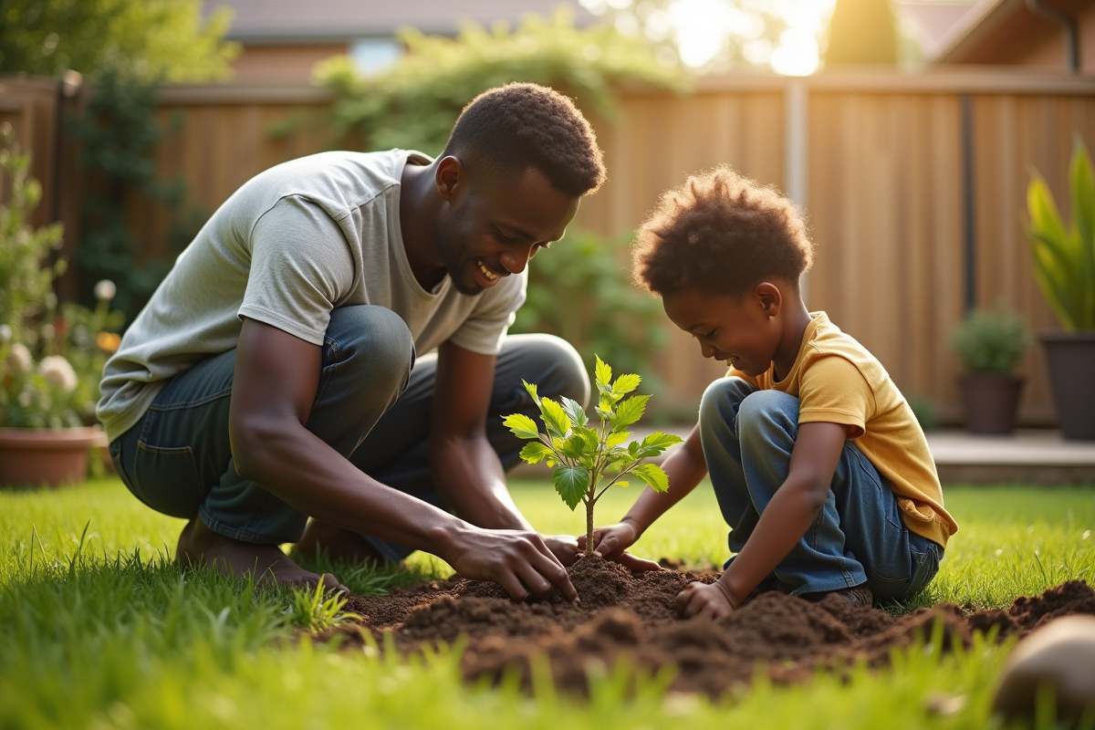 Père et fils plantant un arbre dans le jardin ensoleille