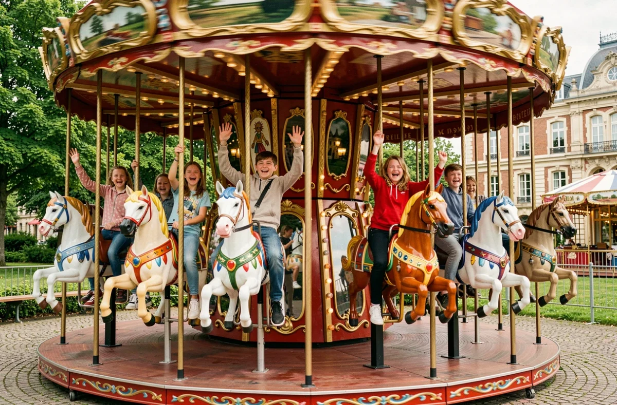 Enfants sur le manège coloré du Parc Bagatelle à Merlimont dans le Pas-de-Calais