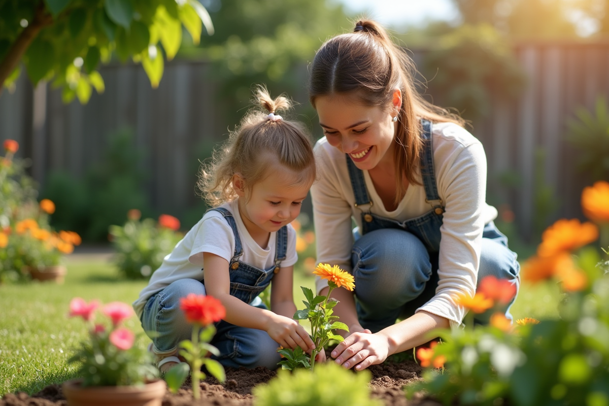 Parent et enfant plantant des fleurs dans le jardin ensoleille