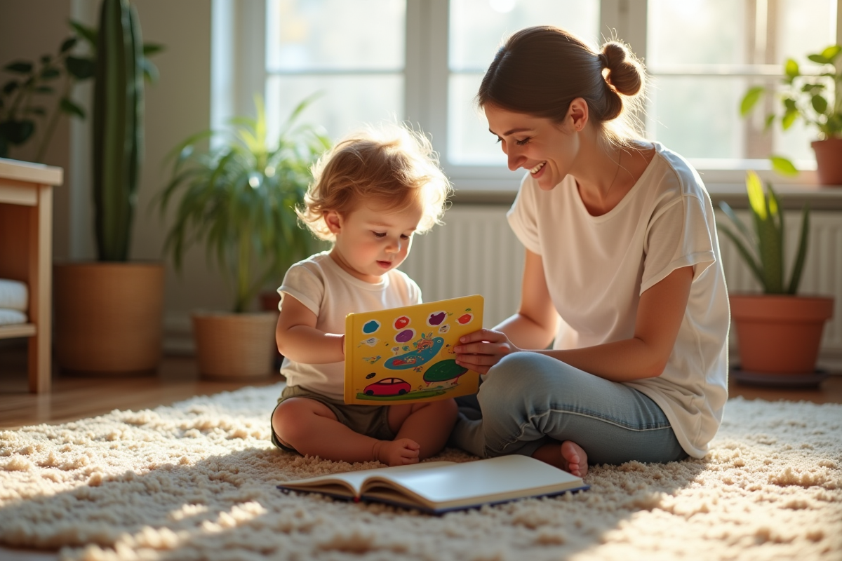 Parent et enfant lisant un livre Montessori dans un salon ensoleille
