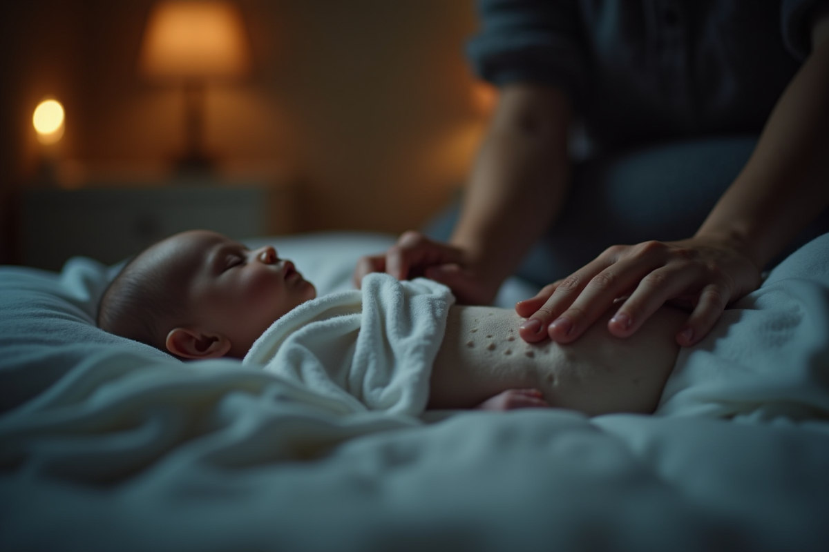 Parent vérifiant doucement un bébé endormi dans une chambre tamisee