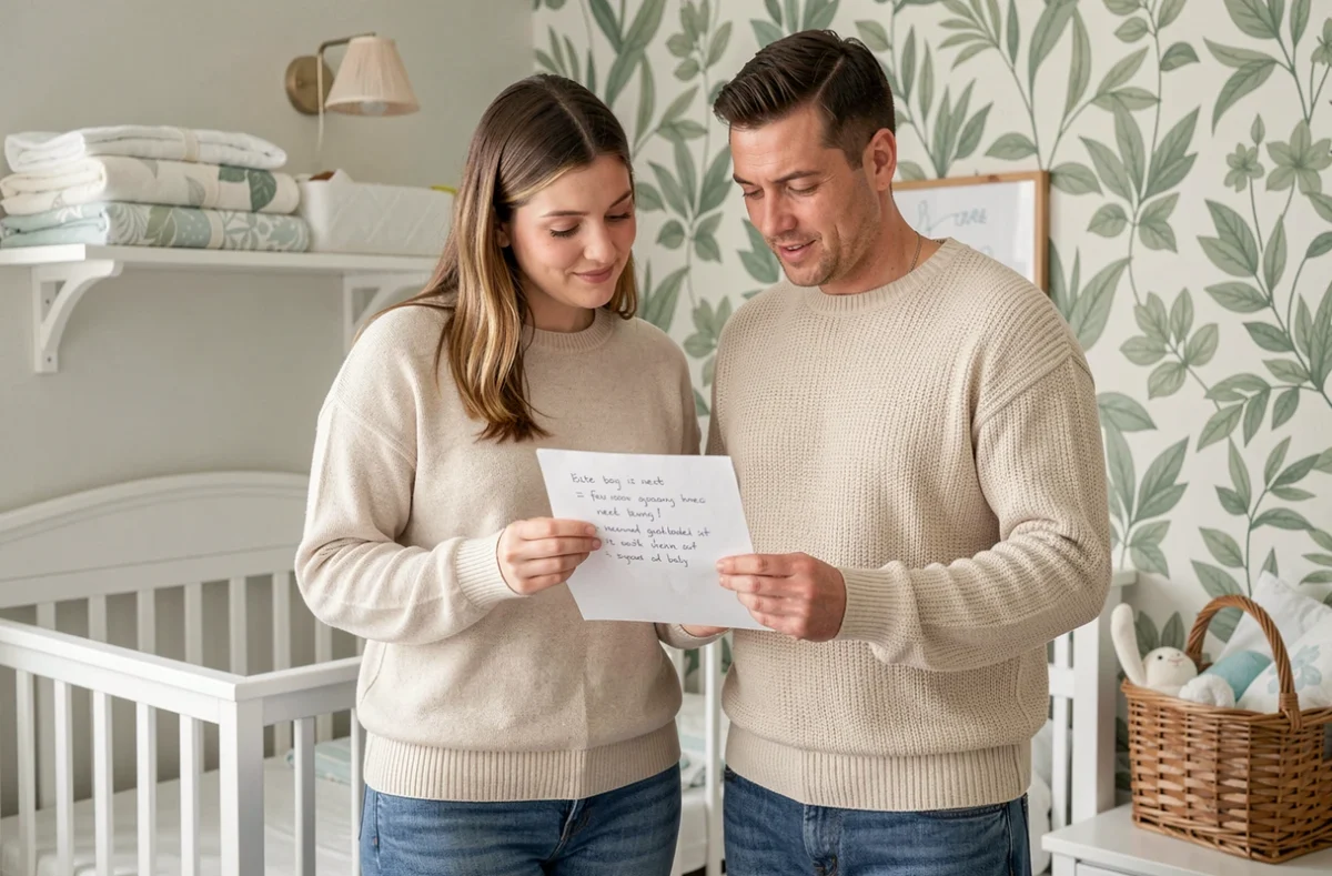 Couple de parents discutant de la liste de naissance pour leur deuxième enfant dans une chambre de bébé aménagée