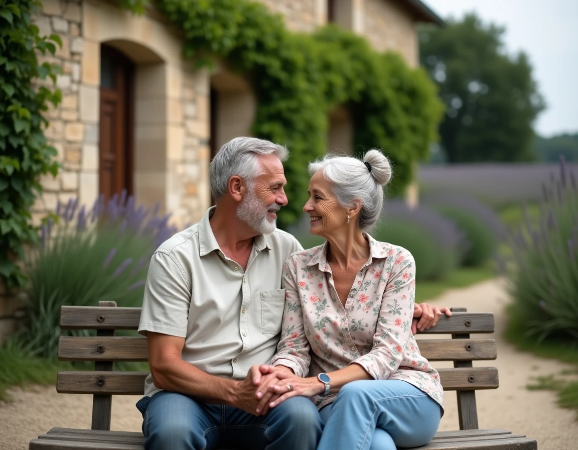 Couple de parents âgés assis devant une ferme en pierre du sud de la France symbolisant les racines familiales et l'origine régionale