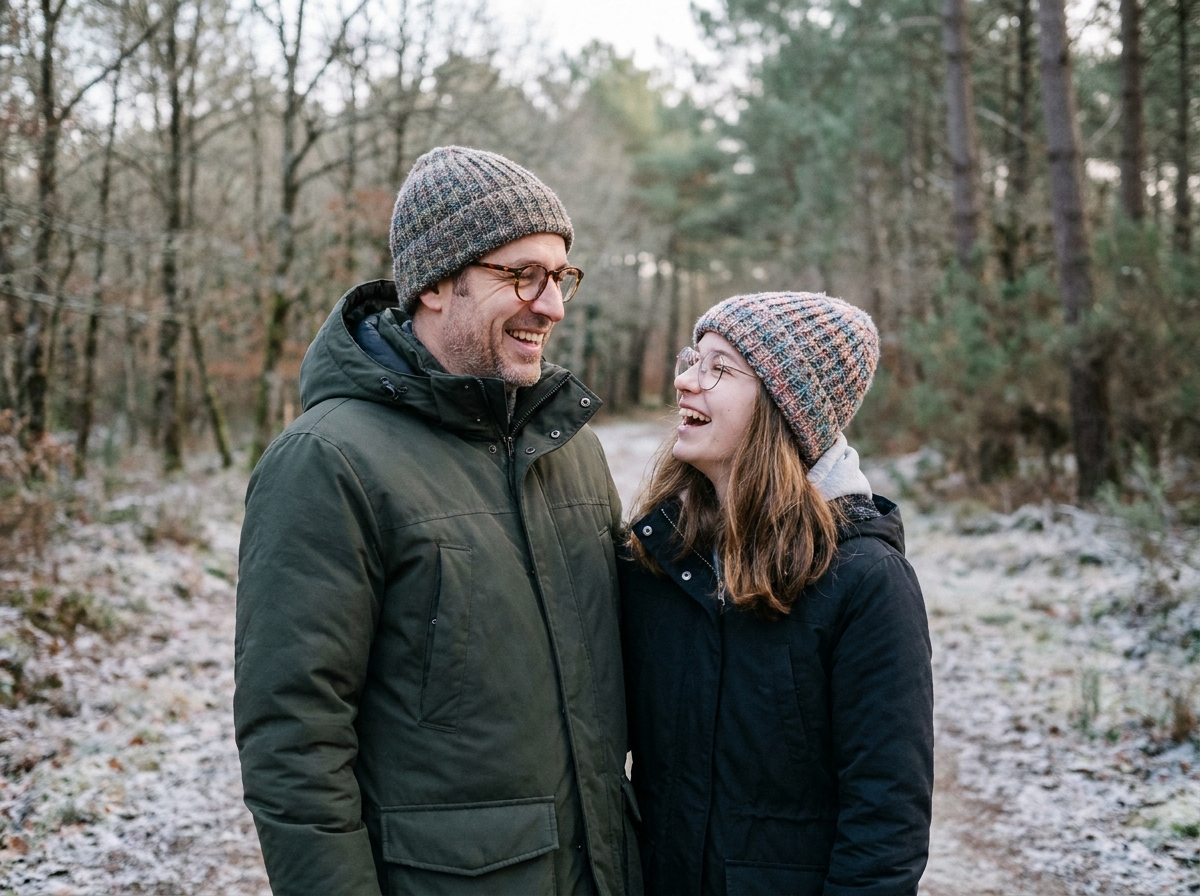 Père et fille portant des lunettes en promenade hivernale dans la nature en Gironde pendant les vacances de Noël