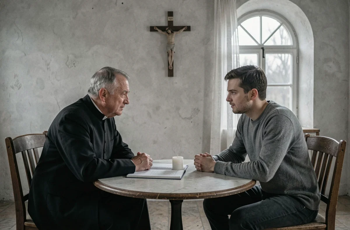 Père de famille en discussion sincère avec un prêtre sur le sens du baptême face au doute religieux