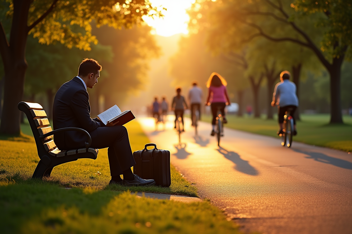 Personne assise sur un banc dans un parc au coucher du soleil lisant un livre
