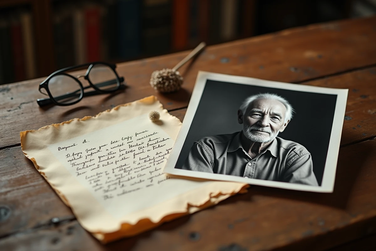 Photo en noir et blanc d'un grand-père posée sur un bureau avec une lettre manuscrite et des lunettes, symbolisant un hommage funèbre