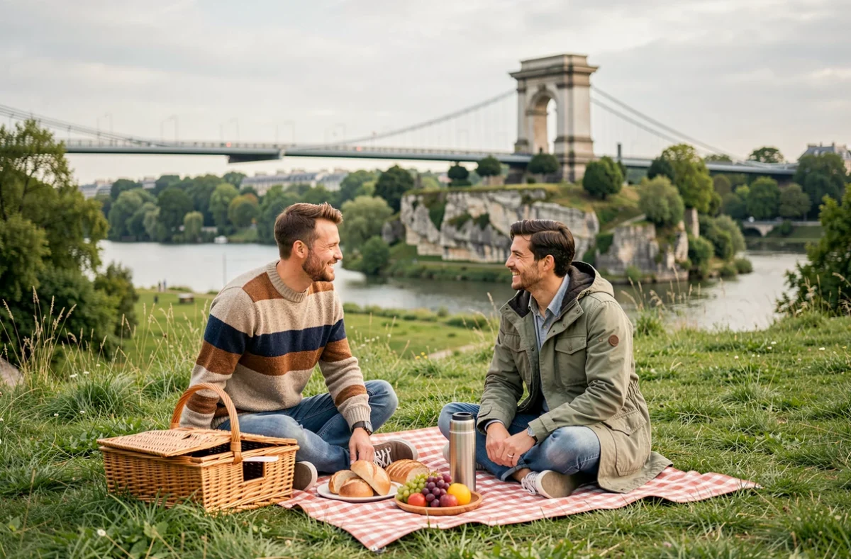 Deux amis profitant d'un pique-nique sur la pelouse du Parc des Buttes-Chaumont à Paris avec vue sur le temple de la Sibylle