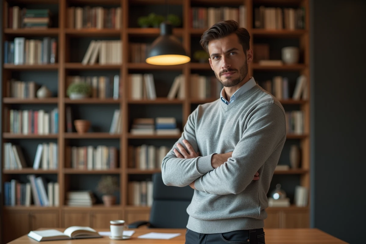 Portrait professionnel d'un jeune expert devant une bibliothèque dans son bureau, symbolisant la notoriété croissante du métier de Sacha Milhau-Menahem
