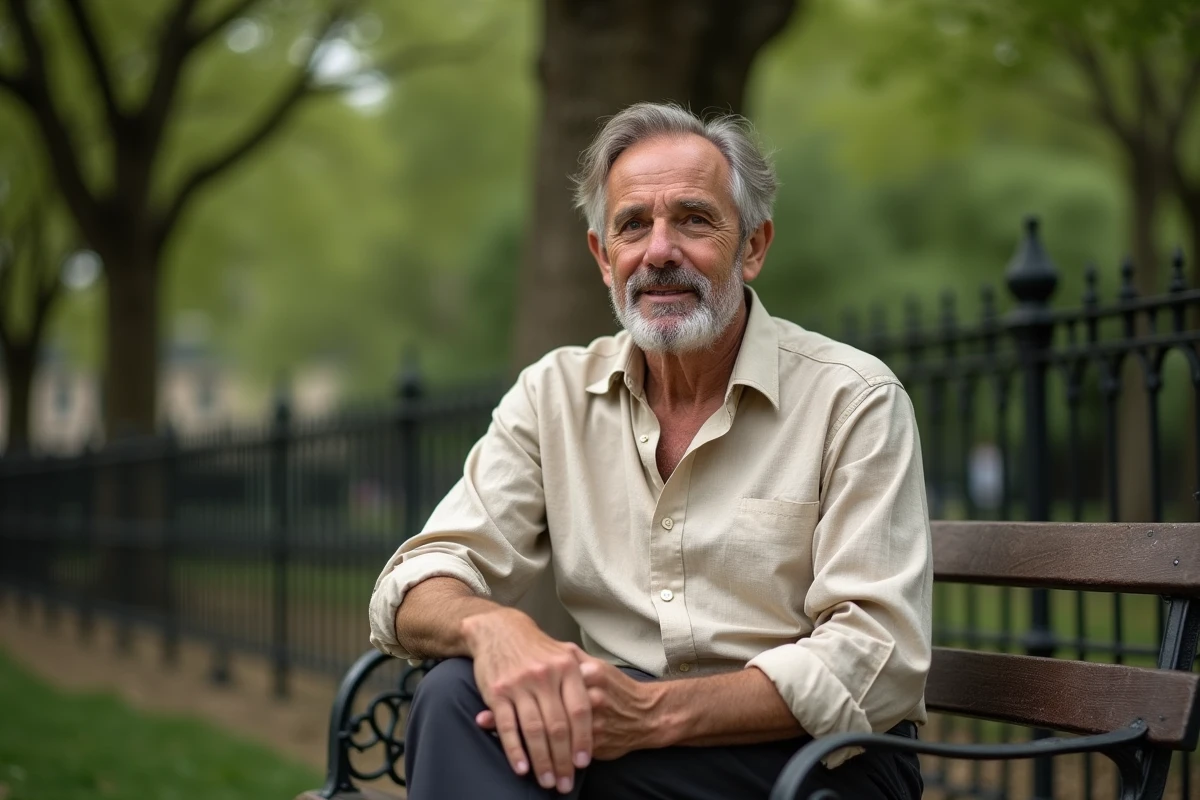 Portrait intimiste d'un journaliste français connu assis dans un jardin parisien lors d'un moment privé