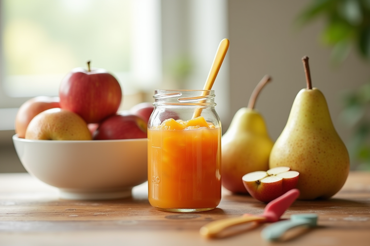 Pot de compote de fruits frais avec bol pour bébé et cuillère colorée