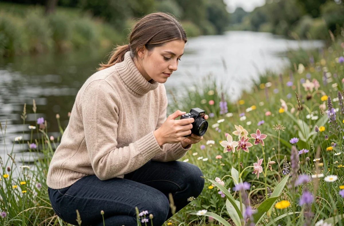 Jeune femme photographiant des orchidées sauvages dans une prairie fleurie en bord de rivière dans la Vallée de l'Essonne, Île-de-France