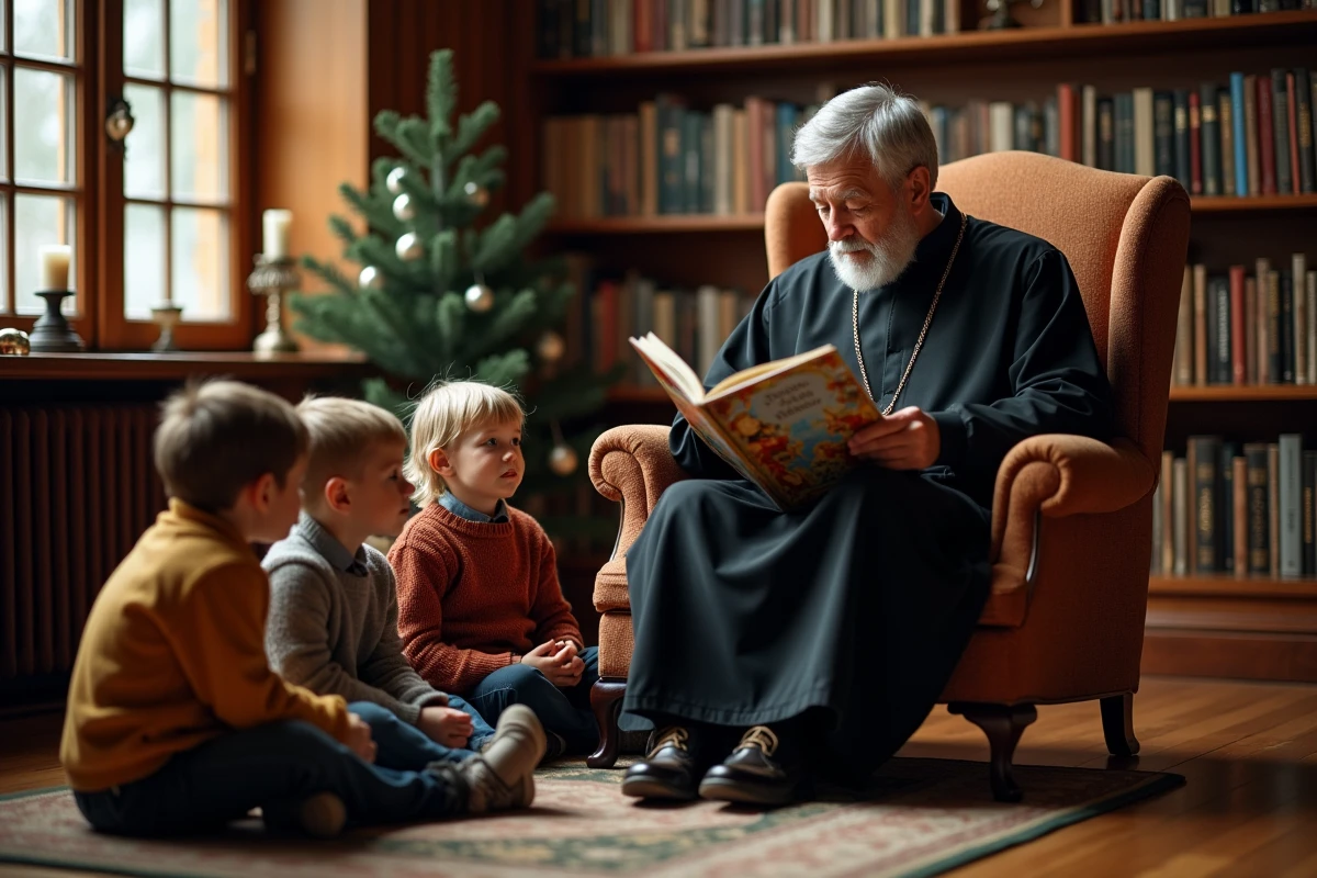 Prêtre catholique lisant une histoire de Saint Nicolas à des enfants dans une bibliothèque paroissiale décorée de Noël