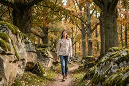Femme se promenant sur un sentier forestier dans la Forêt de Fontainebleau en Île-de-France, entourée de rochers de grès et de chênes en automne