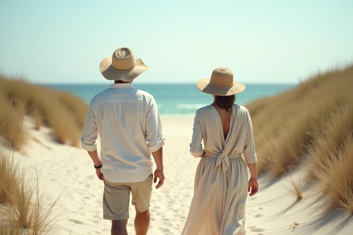 Deux adultes se promenant de dos sur un sentier de plage naturiste bordé de dunes et d'herbes côtières, dans un paysage littoral ouvert et apaisé.