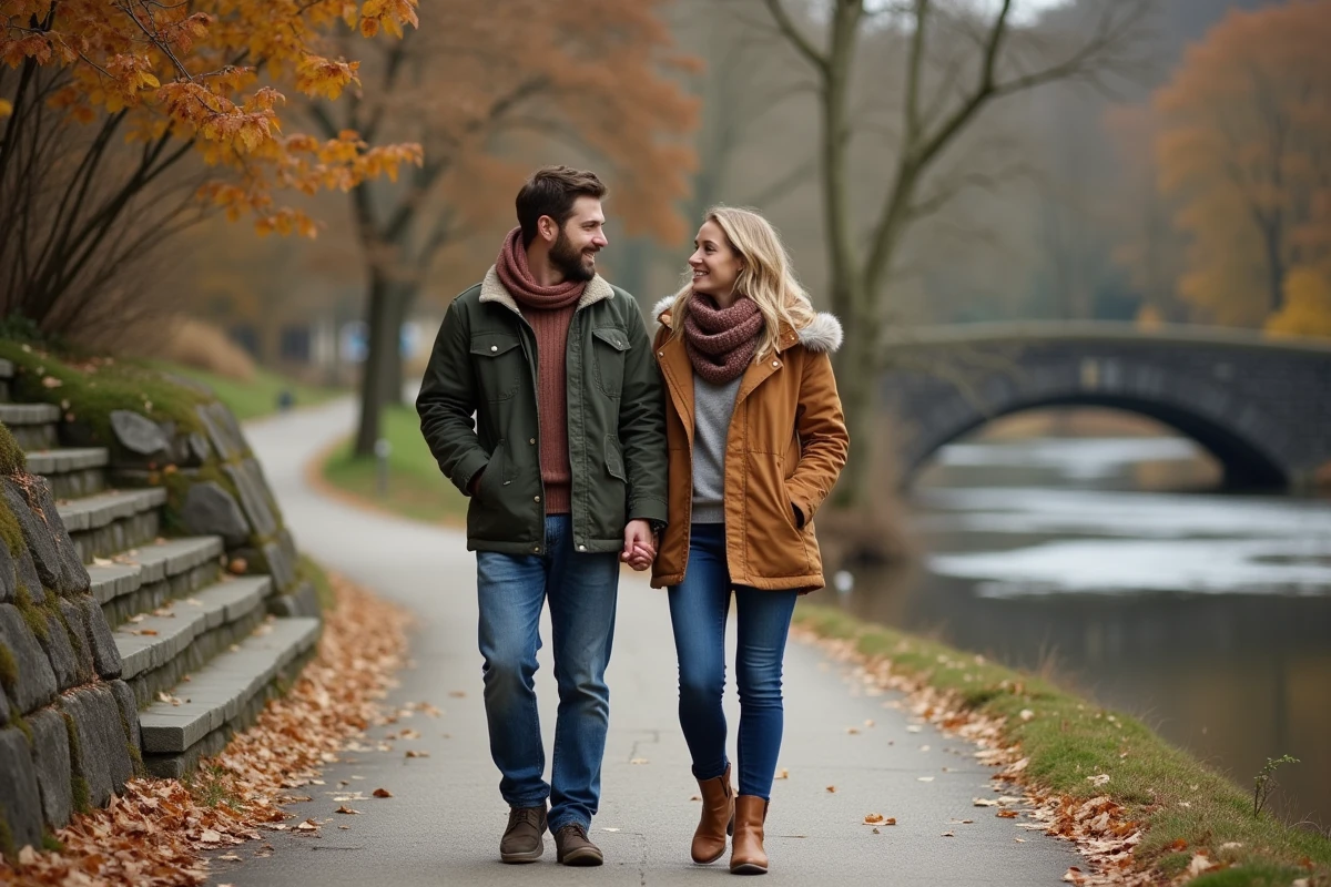 Couple main dans la main sur un chemin au bord de l