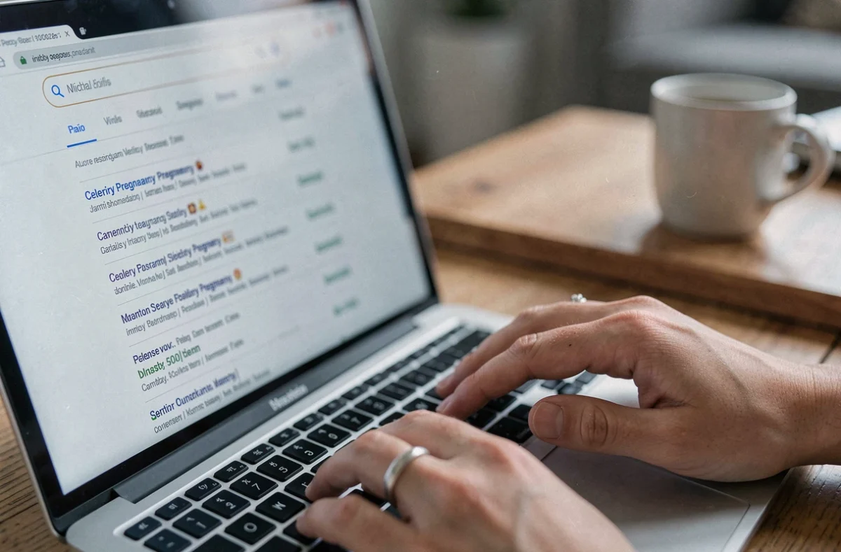 Mains sur un clavier d'ordinateur portable avec résultats de recherche visibles, symbolisant la viralité d'un mot-clé de grossesse sur internet