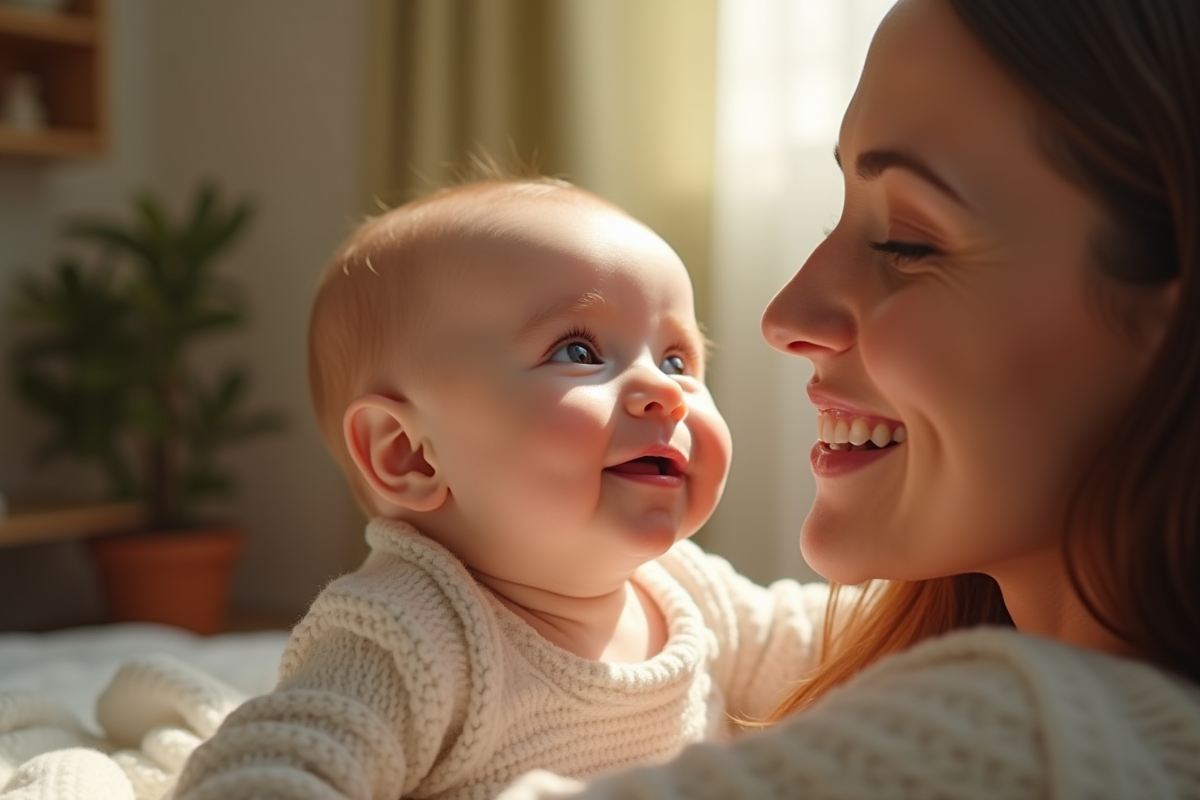 Bébé regardant sa mère souriante dans un environnement chaleureux