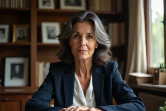 Femme d'origine méditerranéenne réfléchissant à son parcours familial entourée de photos de famille dans un bureau chaleureux