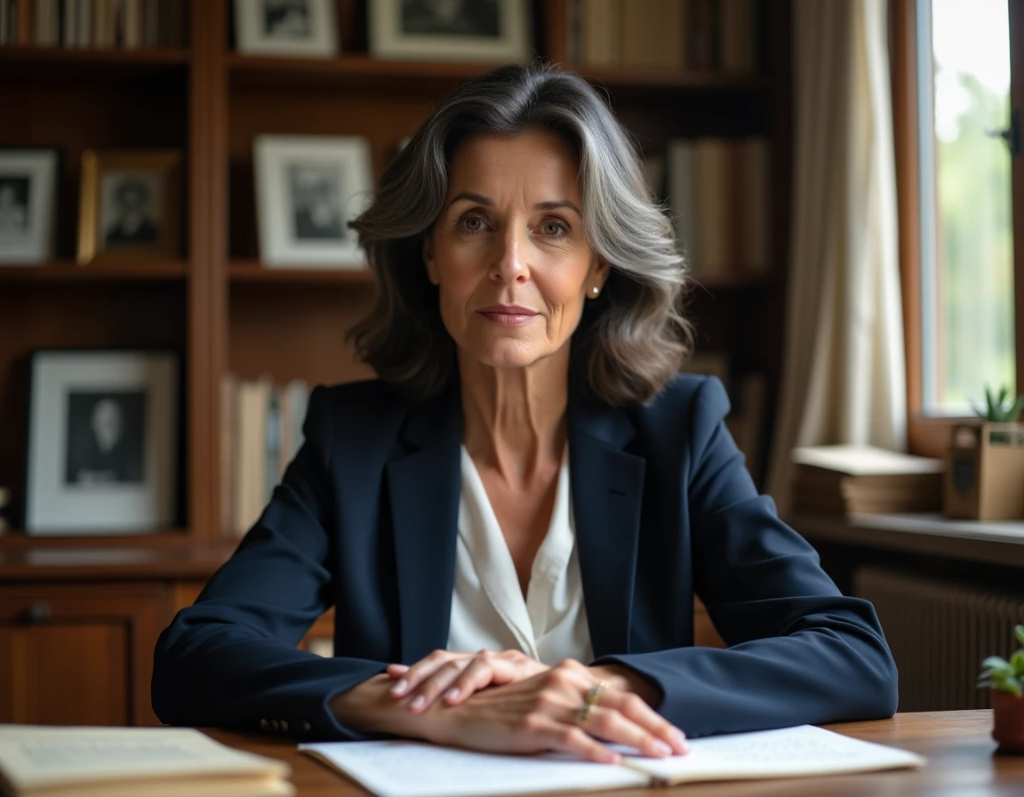 Femme d'origine méditerranéenne réfléchissant à son parcours familial entourée de photos de famille dans un bureau chaleureux