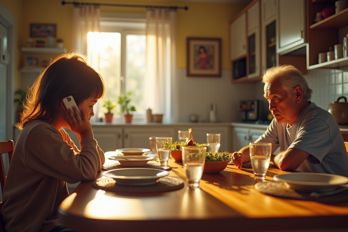 Enfant regardant son téléphone lors d un repas familial