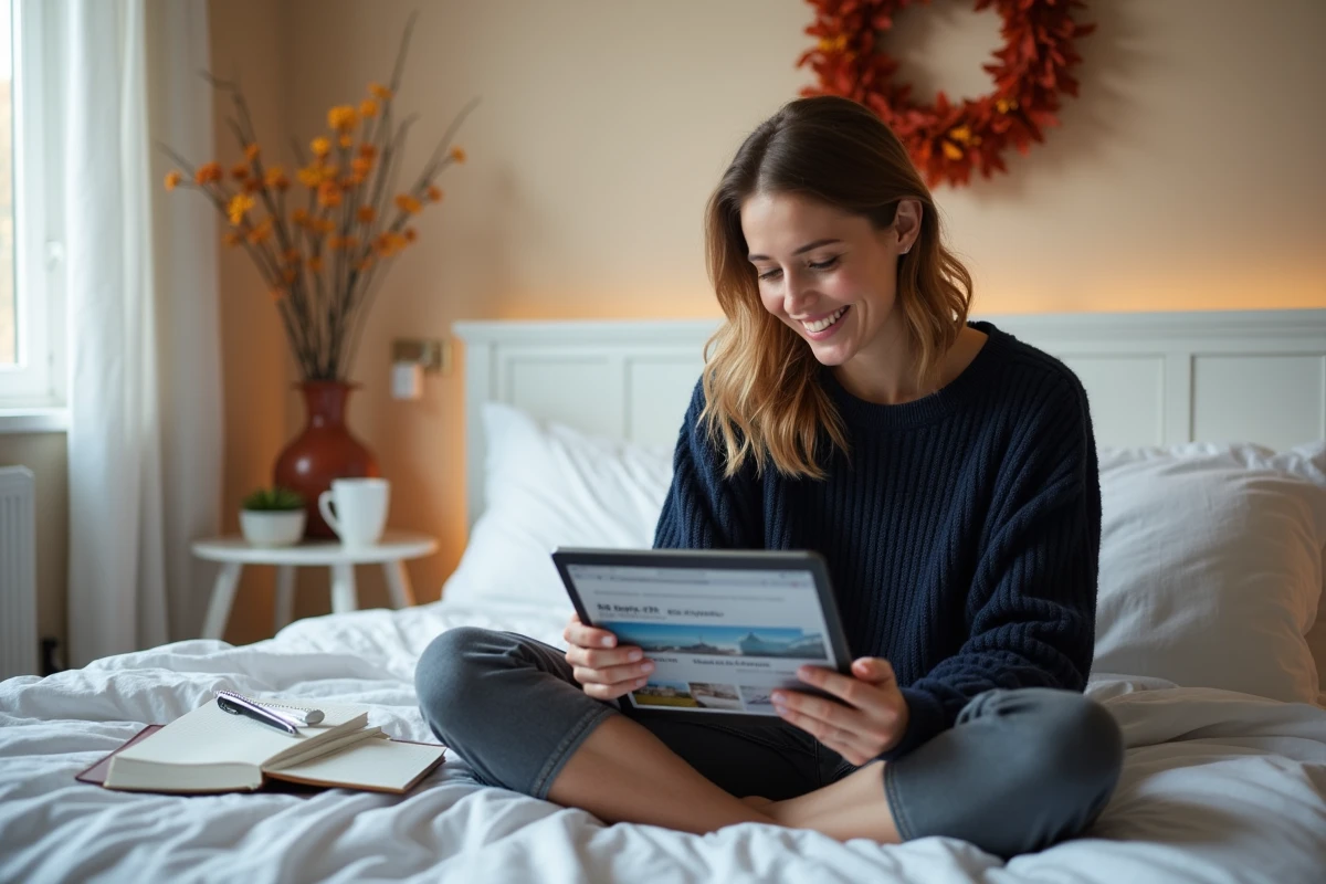 Femme réservant un hébergement pour les vacances scolaires d'octobre sur tablette depuis sa chambre