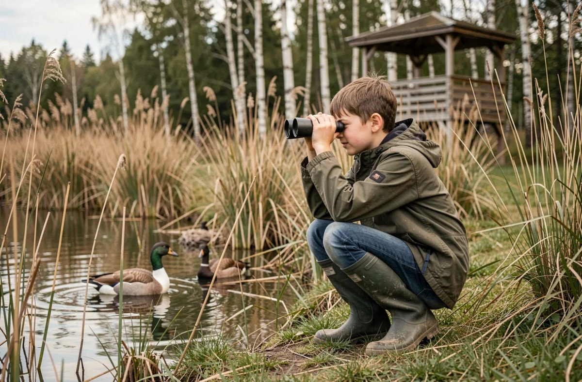 Enfant observant les oiseaux à la Réserve Naturelle Régionale de Condette avec des jumelles