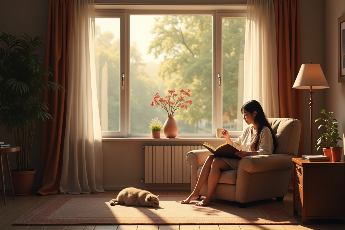 Salon cosy avec personne lisant un livre et chat endormi