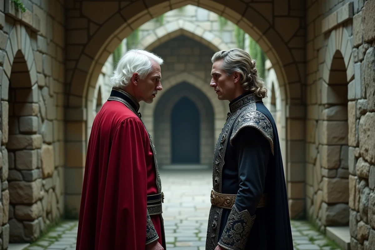 Deux cosplayeurs représentant Shanks et un Gorosei face à face dans un couloir de pierre ancien symbolisant le siècle oublié