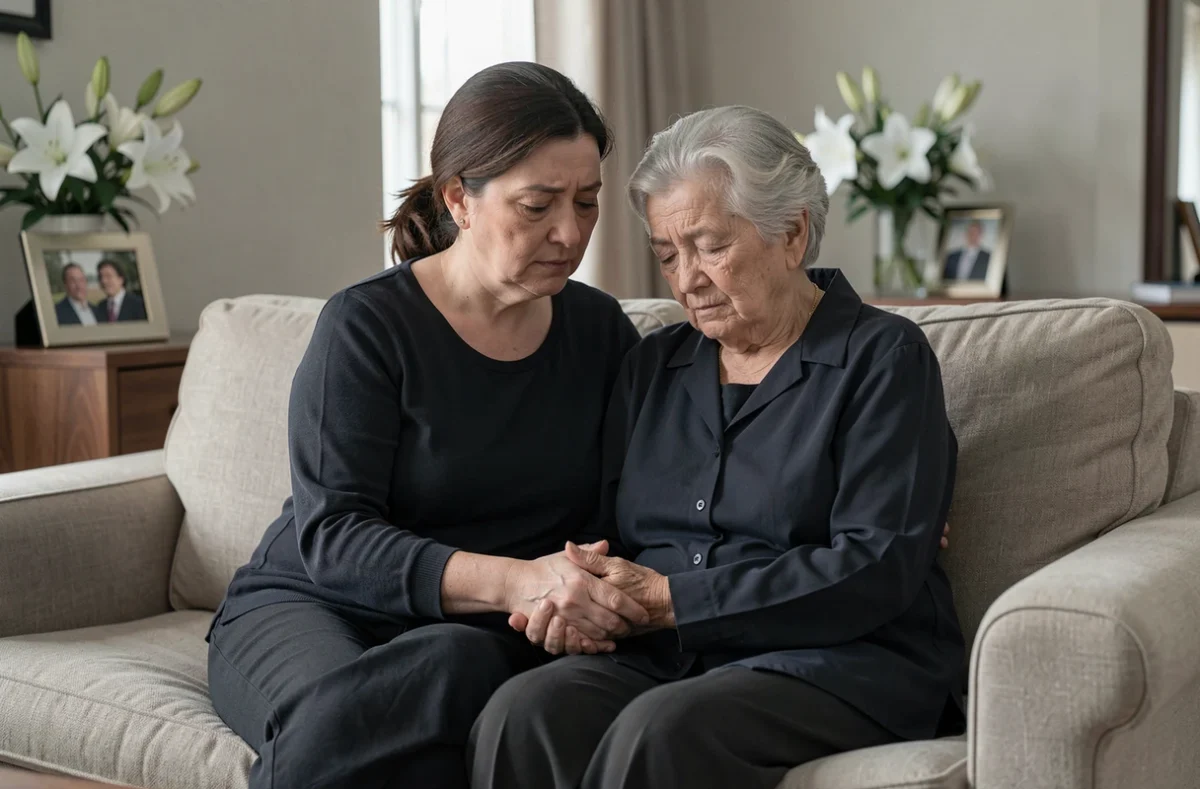 Deux femmes se tenant les mains en signe de soutien et de condoléances dans un salon