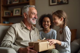 Grand-père souriant recevant un cadeau fait main de ses petits-enfants dans le salon familial pour la Fête des grands-pères