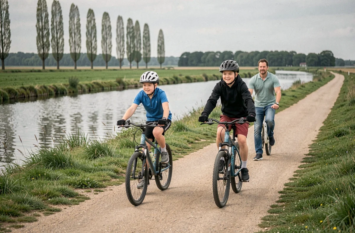 Famille en vélo sur la Véloroute des Marais le long des canaux du Pas-de-Calais