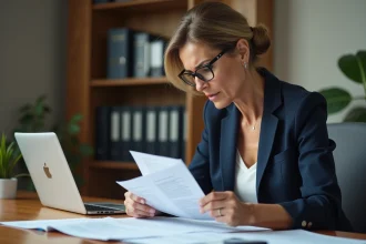Femme professionnelle vérifiant des documents officiels liés à une agence d'adoption internationale dans un bureau