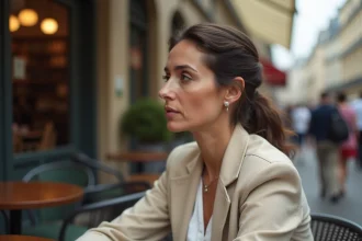 Femme élégante et discrète attablée seule en terrasse de café parisien, regard pensif, illustrant la vie privée assumée d'une personnalité médiatique