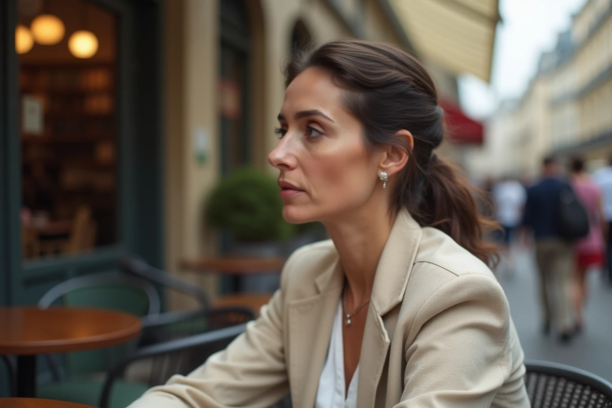 Femme élégante et discrète attablée seule en terrasse de café parisien, regard pensif, illustrant la vie privée assumée d'une personnalité médiatique
