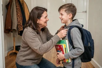 Mère souhaitant une bonne rentrée scolaire à son adolescent dans l'entrée de la maison
