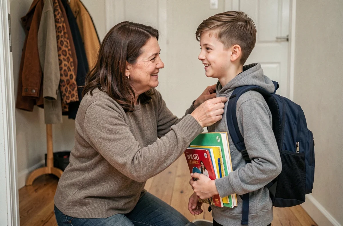Mère souhaitant une bonne rentrée scolaire à son adolescent dans l'entrée de la maison