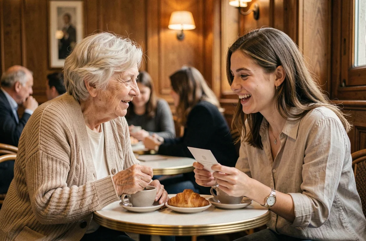 Grand-mère et petite-fille échangeant des vœux de bonne rentrée autour d'un café